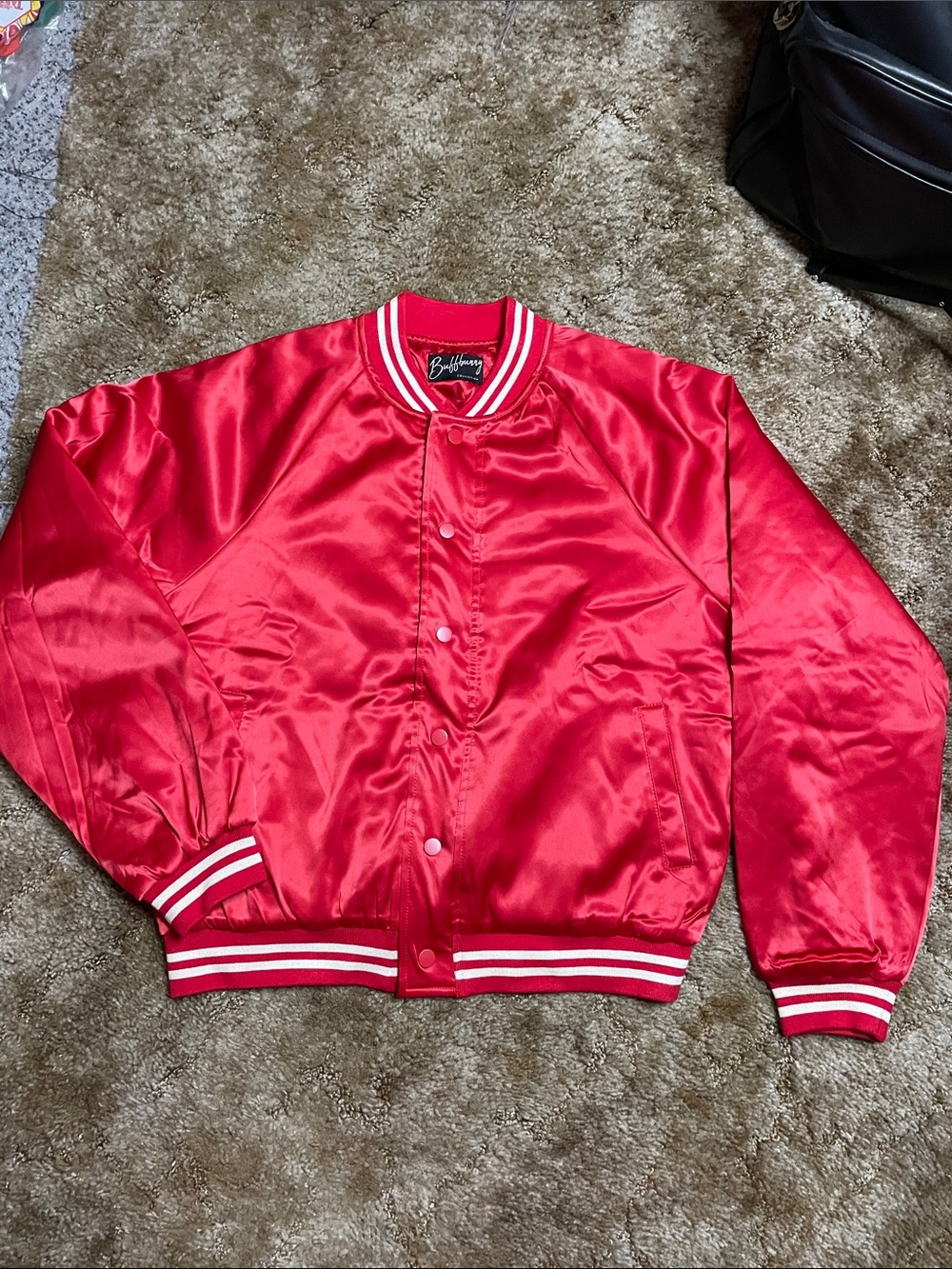 Buff‎ Bunny Red Satin Bomber Button Up Jacket Athleisure Athletic Wear Women's
